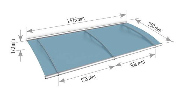 1916mm extending stainless steel and glass canopy technical drawing