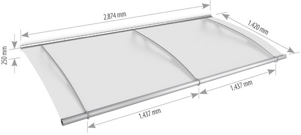 2874mm extending stainless steel and glass canopy technical drawing