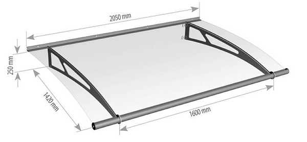 2050mm XL stainless steel and glass canopy technical drawing